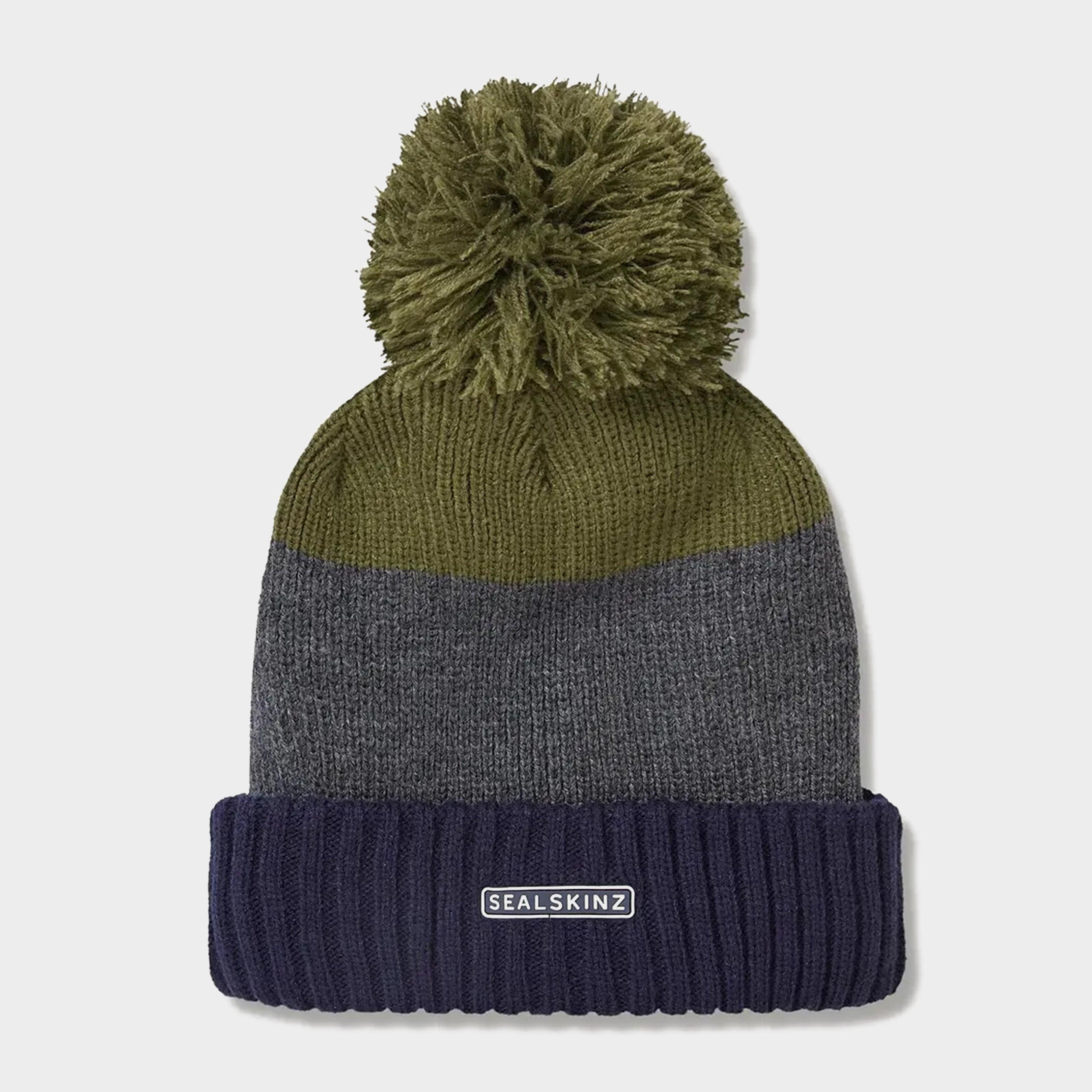 Image of Sealskinz Unisex Waterproof Fleece Lined Cold Weather Striped Bobble Hat - Navy/Grey/Olive, Navy/Grey/Olive