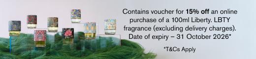 Contains voucher for 15% off your next online purchase of a 100ml LBTY fragrance T&Cs