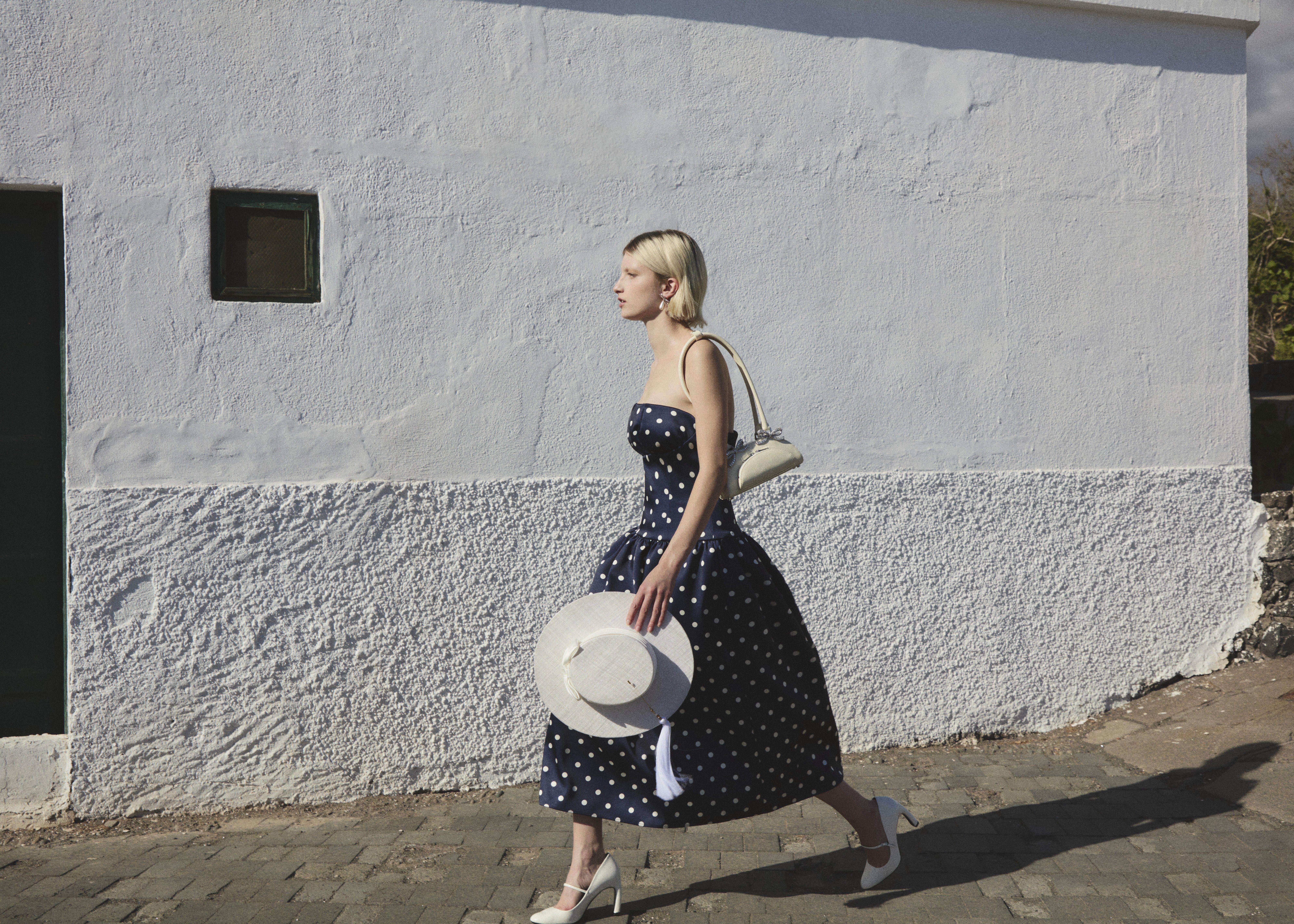 Woman wearing self-portrait Navy Polka-Dot Satin Midi Dress