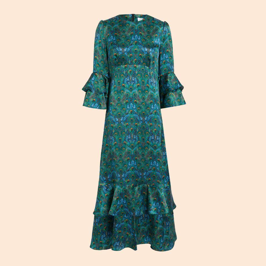 Liberty Peacock Manor Silk Satin Gala Maxi Dress