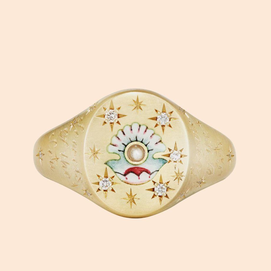 Cece Jewellery 18ct Gold Clam and Pearl Signet Ring