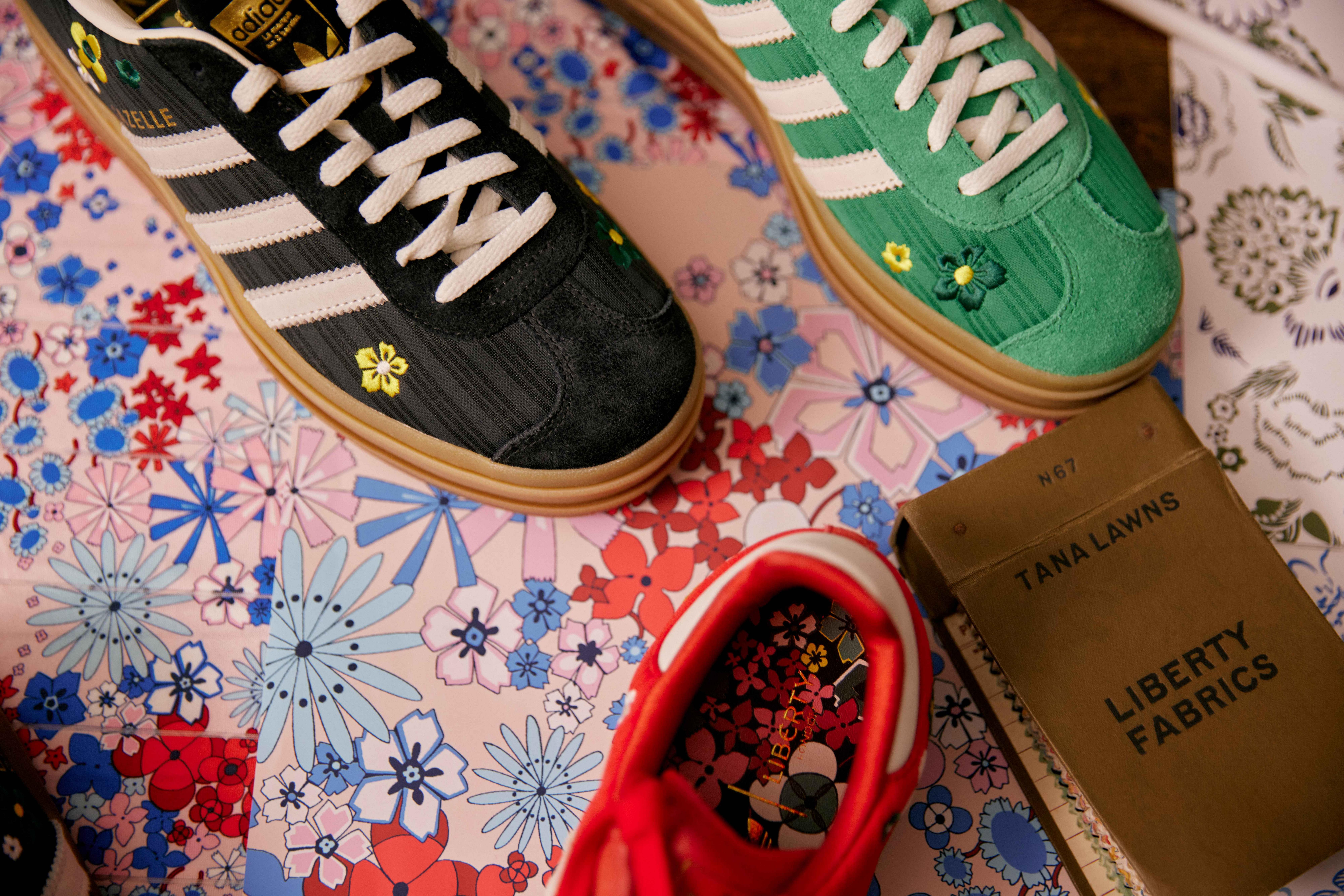 A table showing a sketch of a floral print and swatches of classic multicoloured floral fabrics