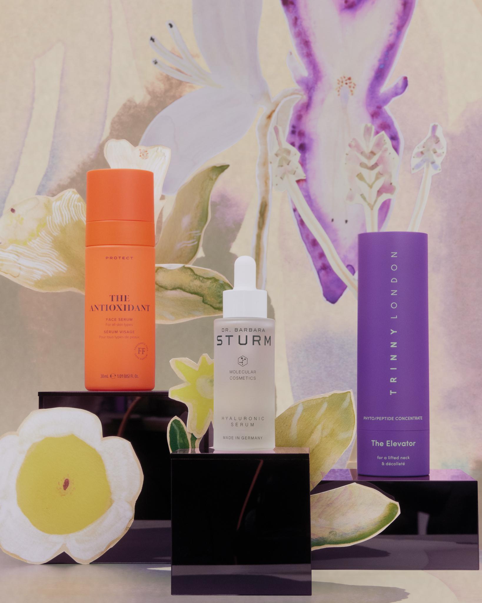 Collection of luxury skincare products available at Liberty