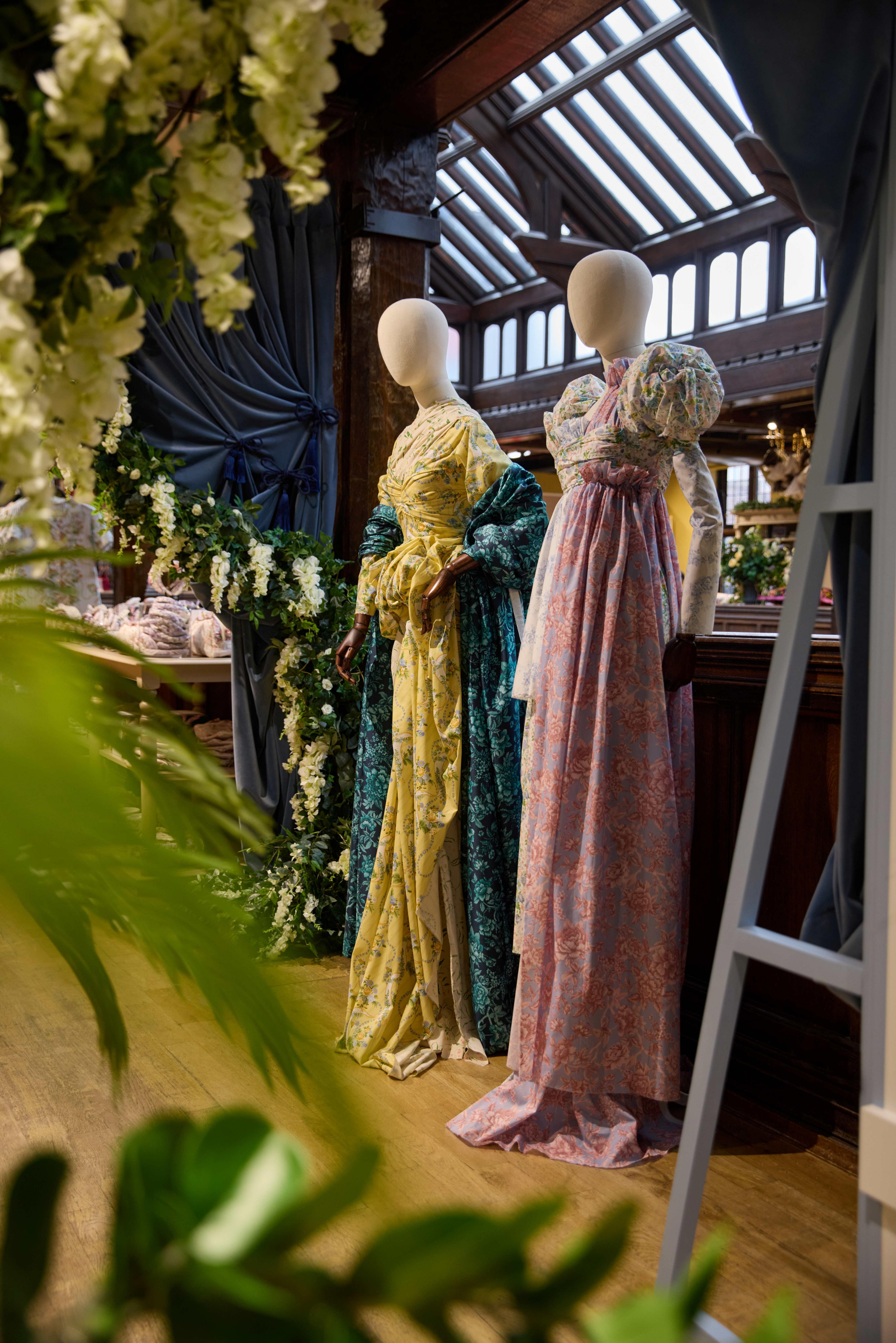 Draped mannequins in the Liberty Fabrics & Bridgerton pop-up in store
