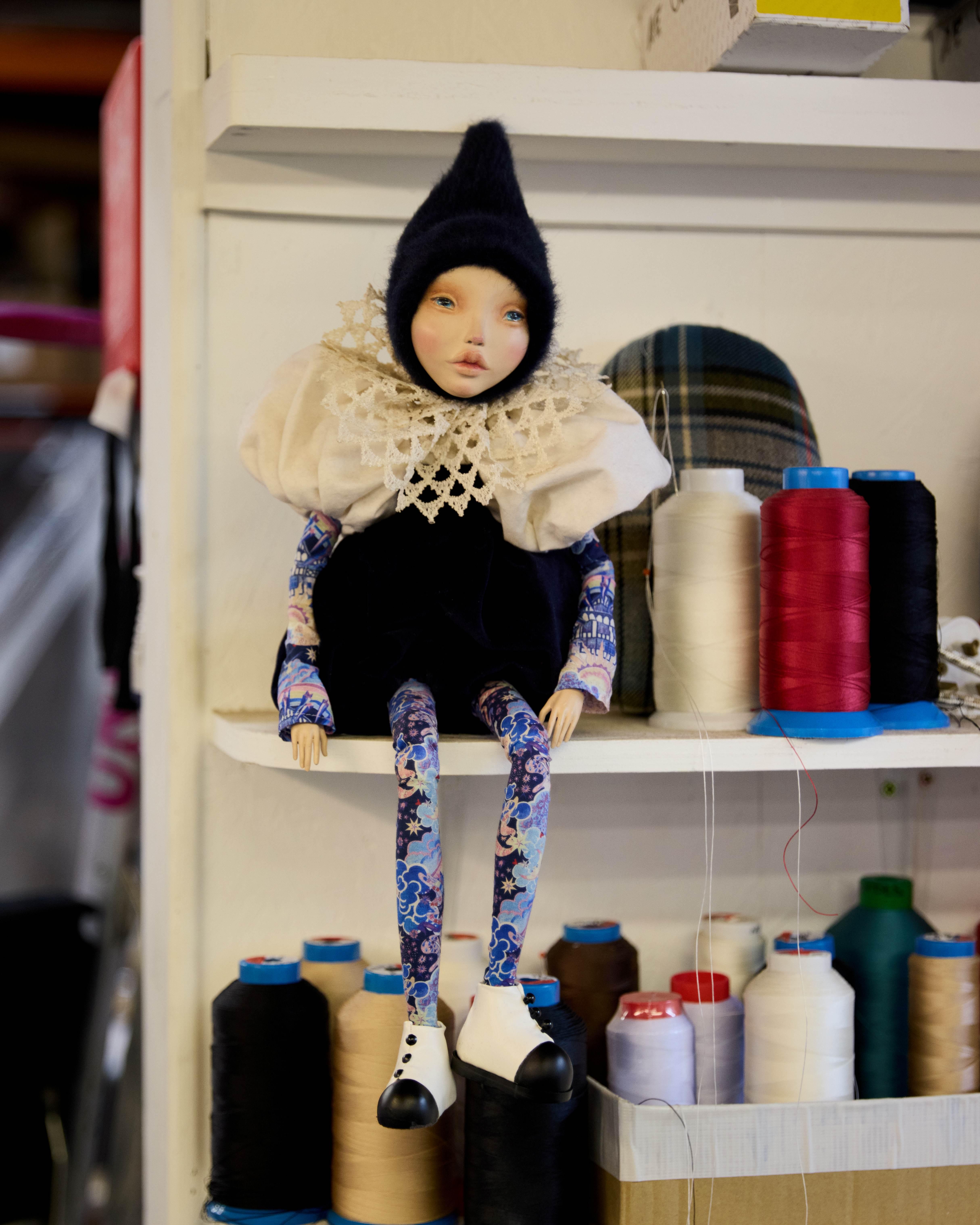 The Liberty Elf amongst spools of thread in the Plunge Creations workshop
