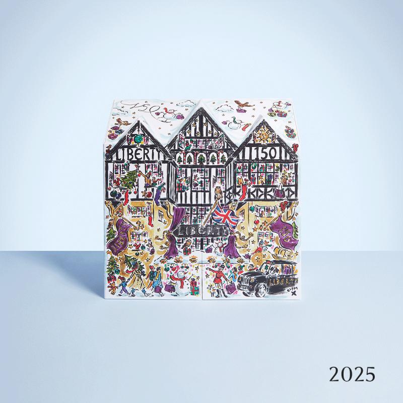Illustrated Liberty Tudor building from the 2025 Beauty Advent Calendar, decorated with festive London scenes.