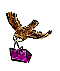 Illustration of a festive owl carrying a Liberty gift bag