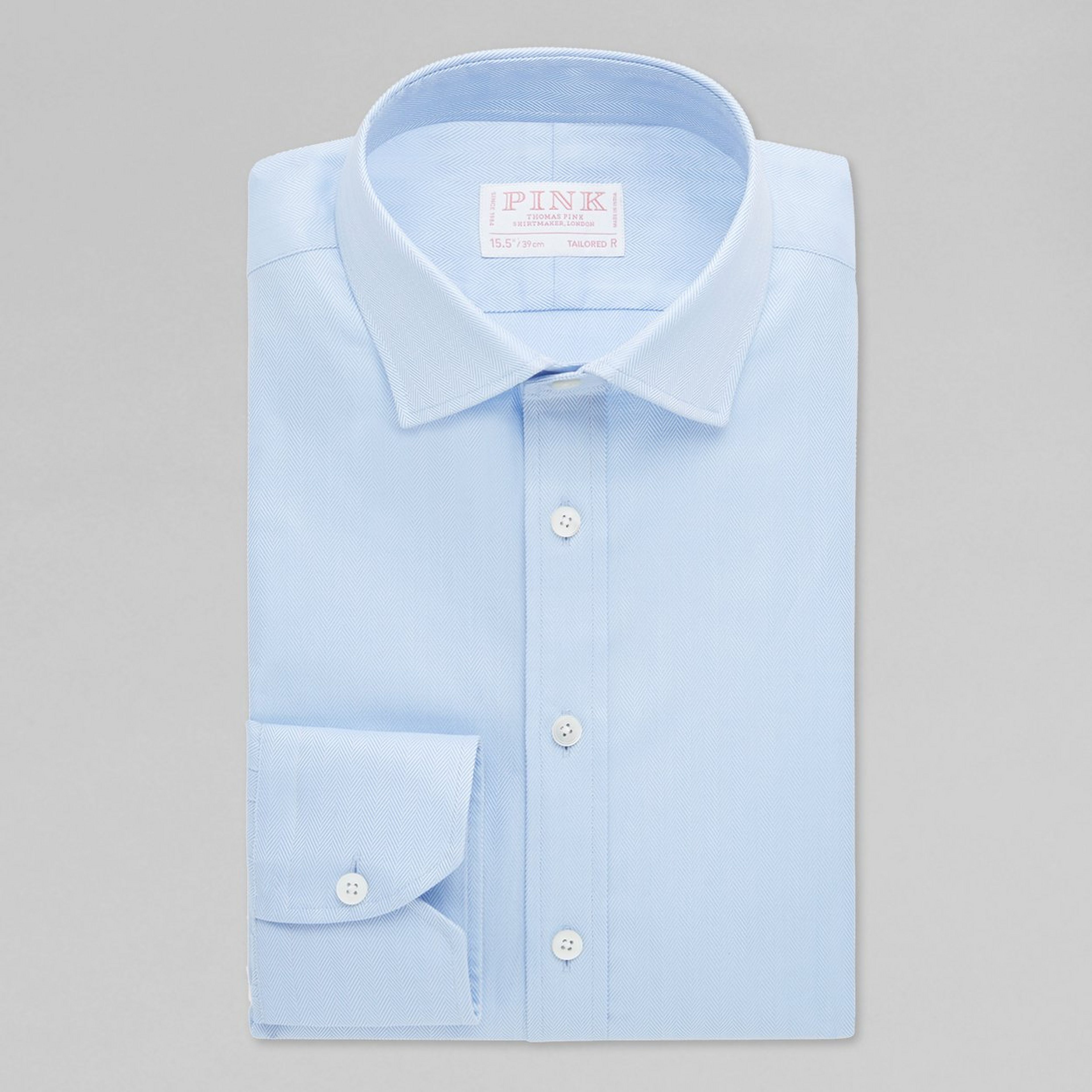 Thomas Pink Blue Single Cuff Twill Herringbone Formal Shirt