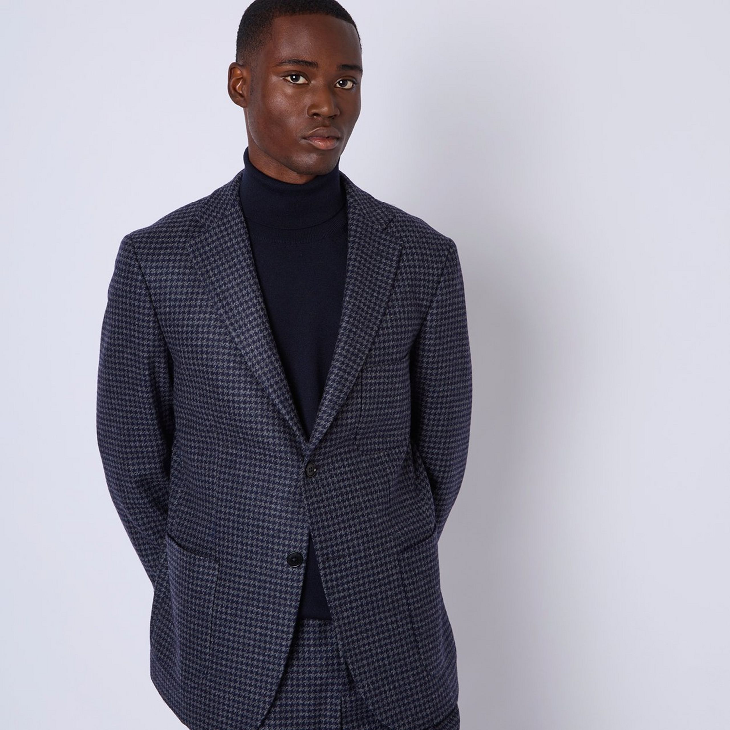 Mens Black & Grey Tailored Fit Merino Houndstooth Jacket