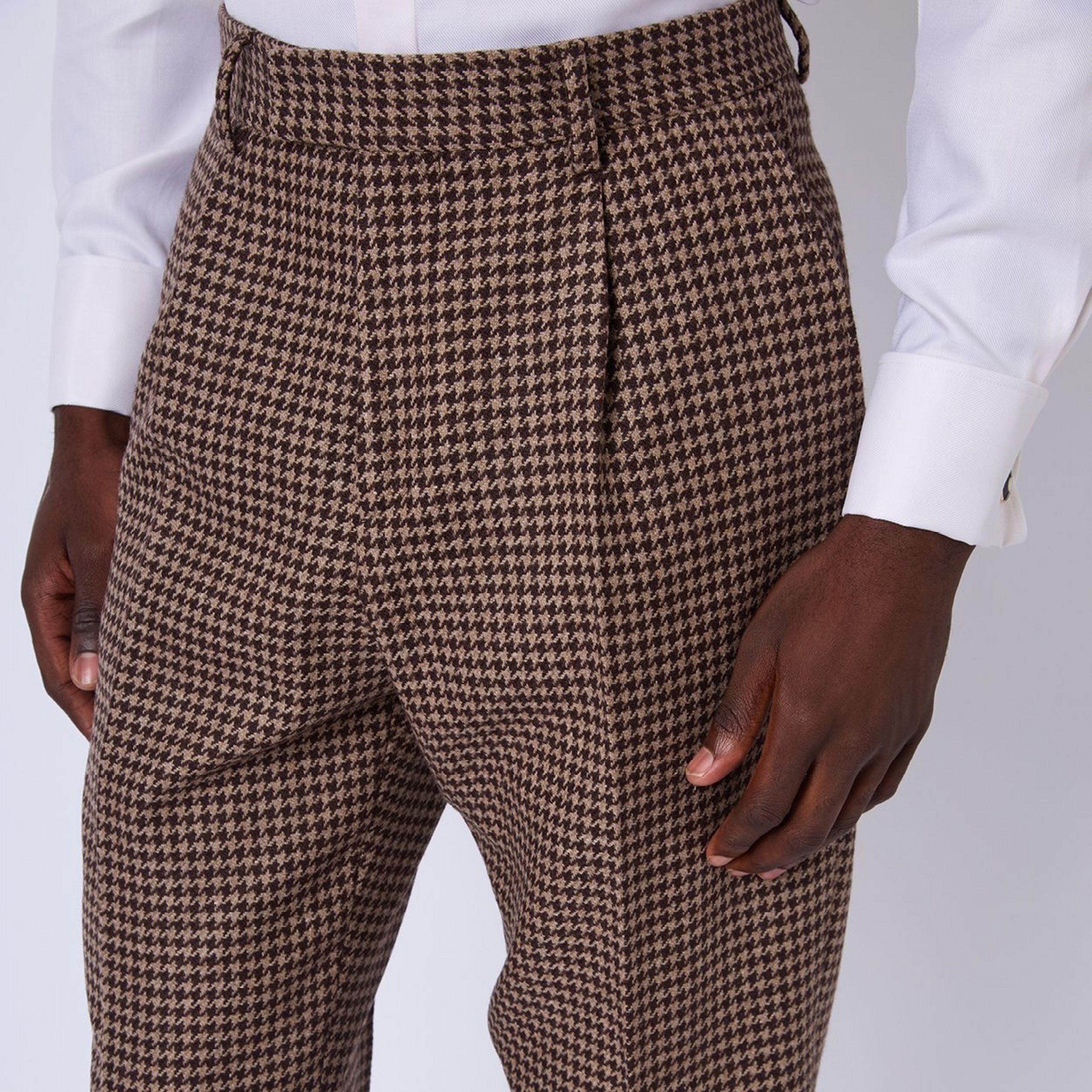 Oatmeal & Brown Tailored Fit Merino Houndstooth Pleated Trousers
