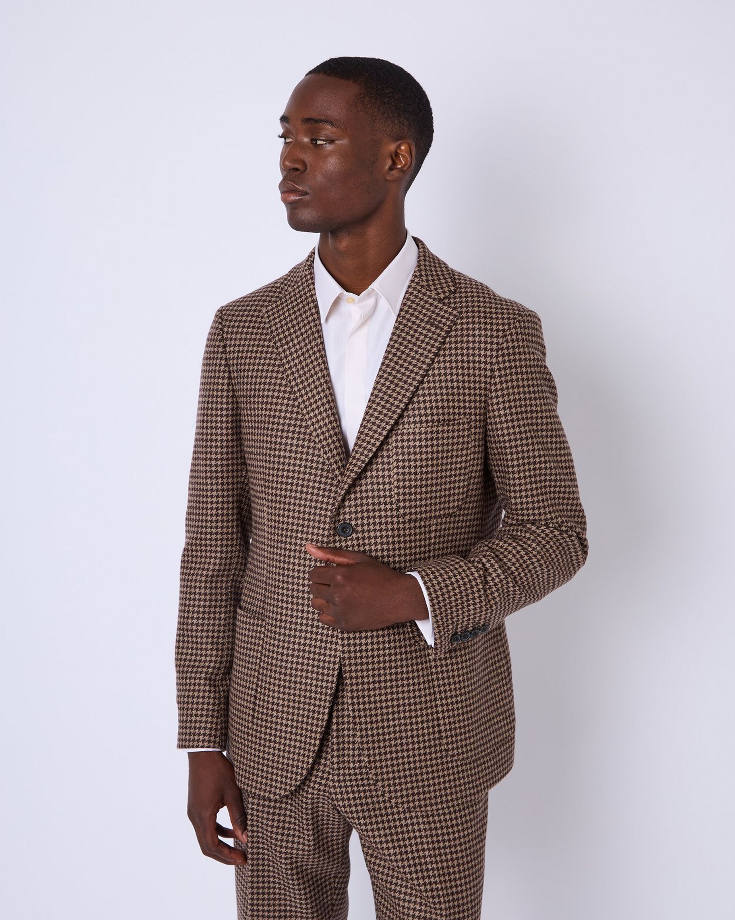 Oatmeal & Brown Tailored Fit Merino Houndstooth Jacket