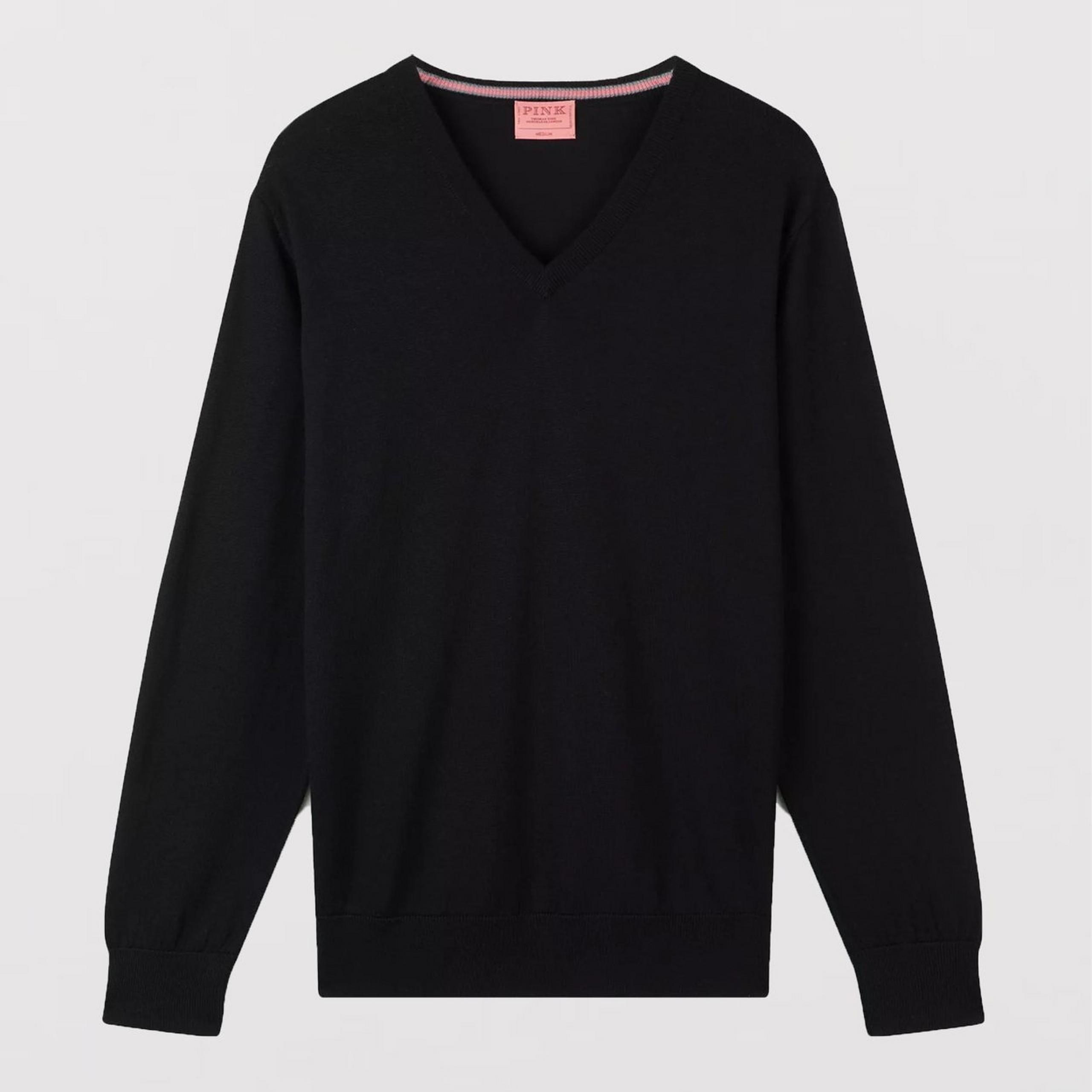 Black Merino Wool V-Neck Sweater