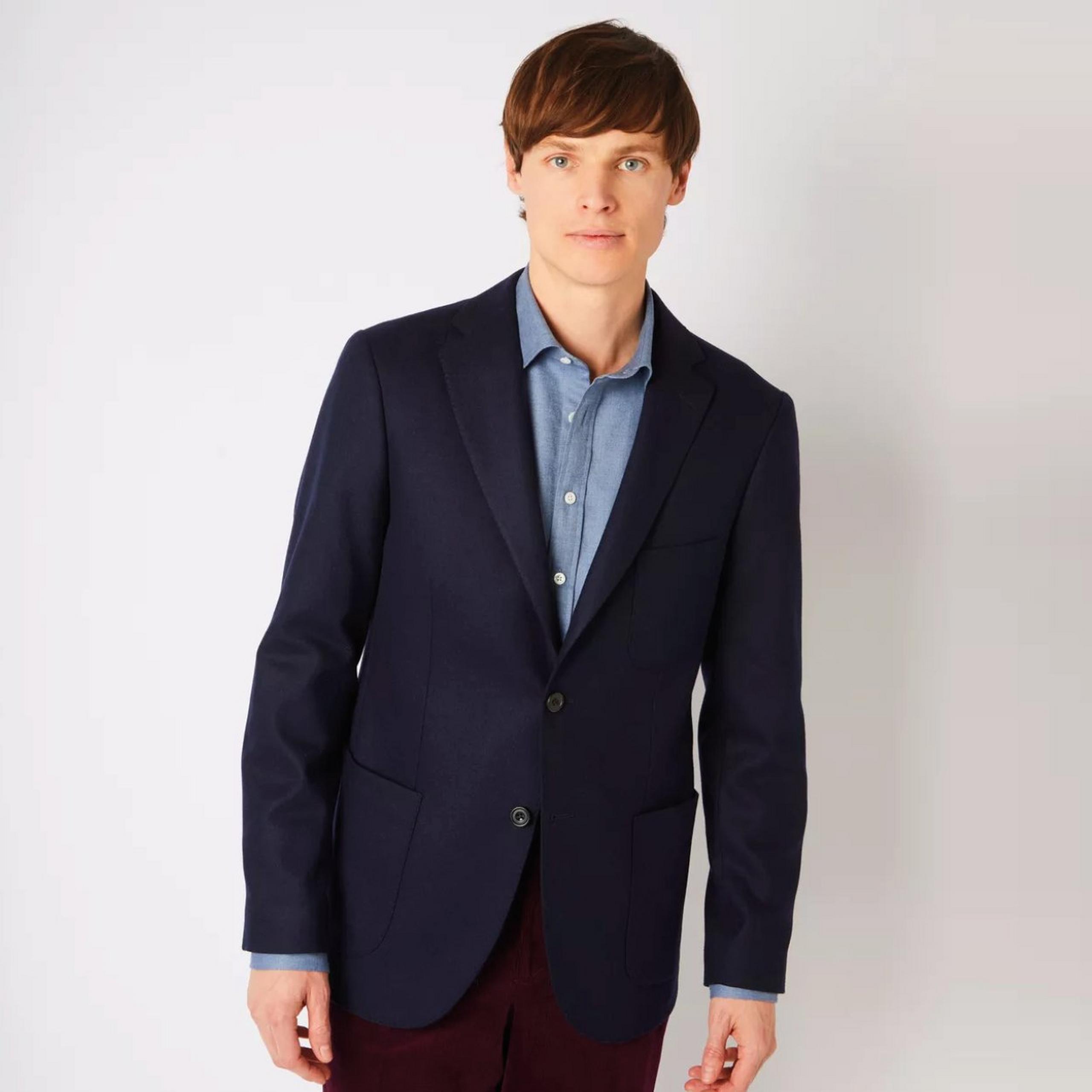 Navy Blue Classic Fit Merino Wool Unstructured Jacket