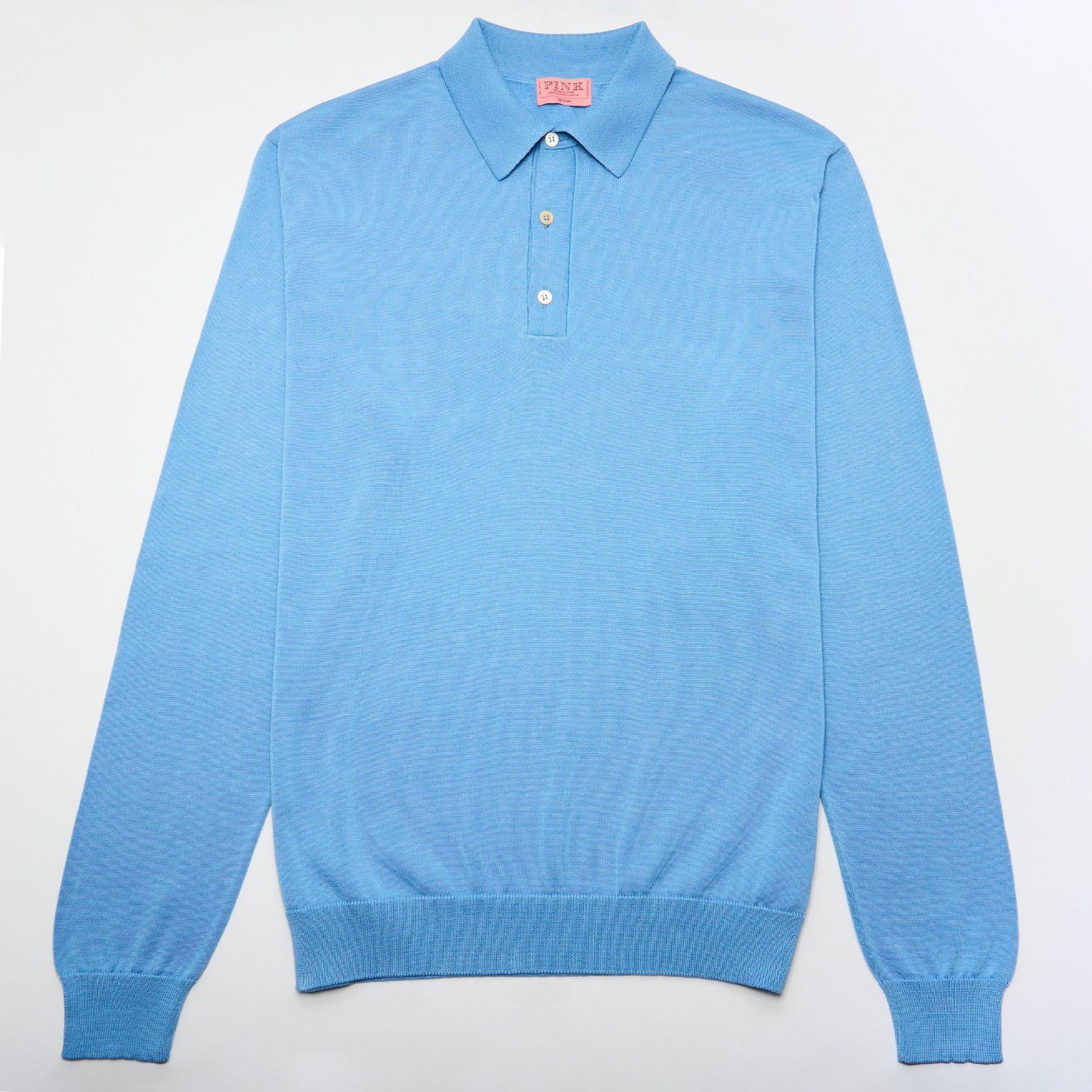 Sky Blue Mercerized Cotton Long Sleeve Polo Shirt