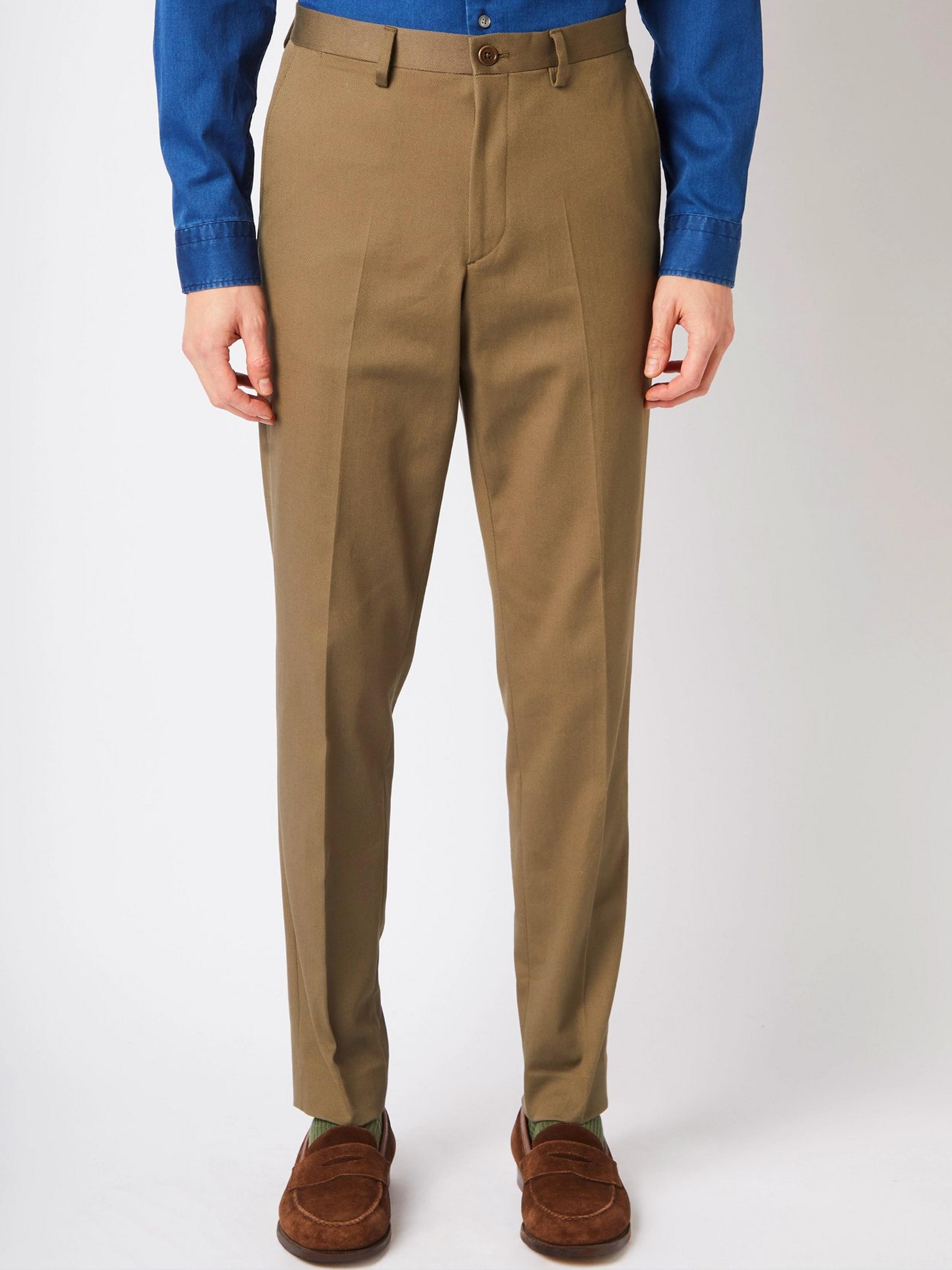 Olive Green Twill Flat Front Trousers
