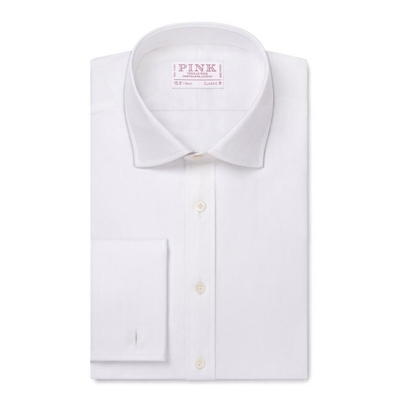 White Classic Fit Twill Herringbone Dress Shirt