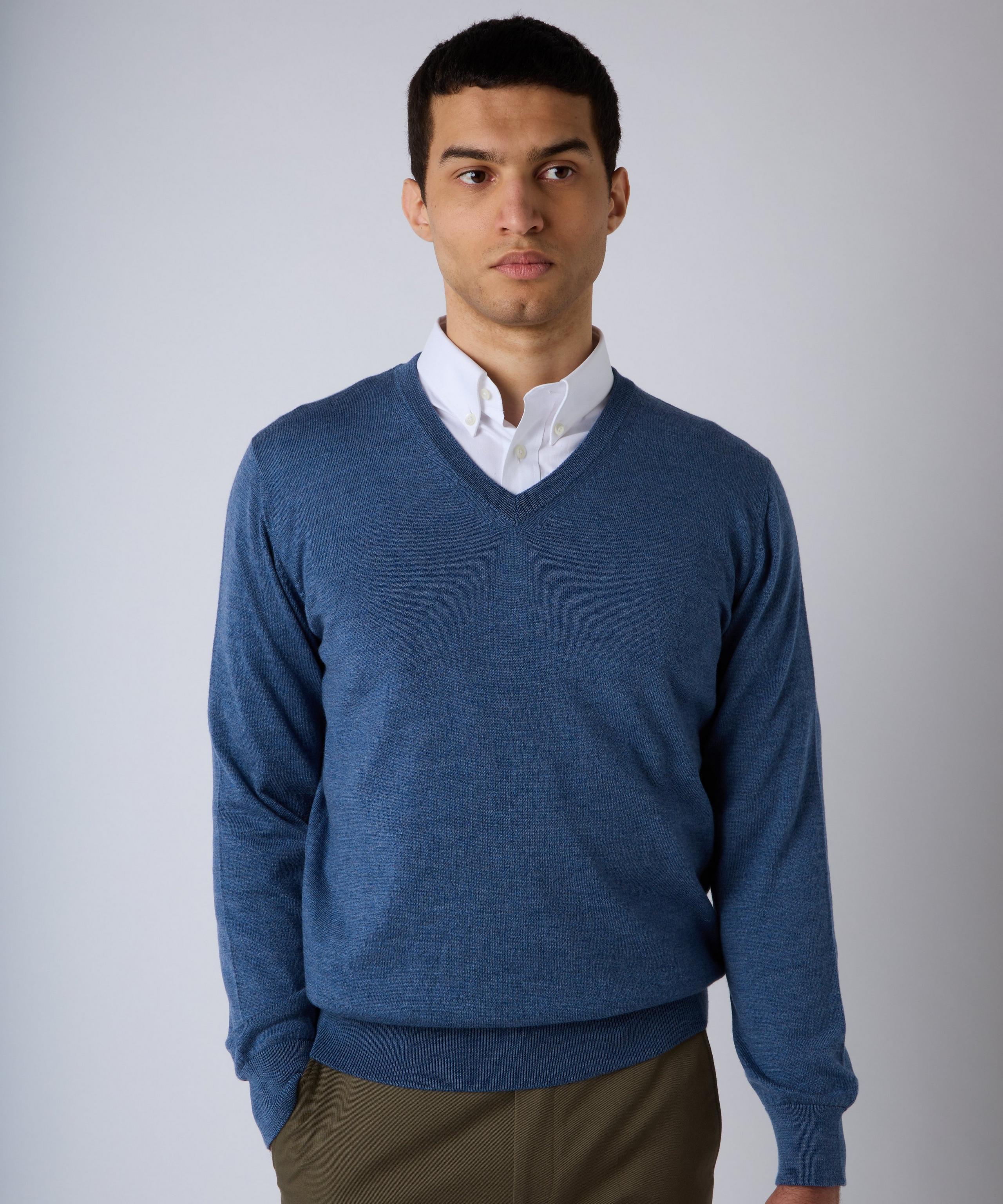 Airforce Blue Merino Wool V-Neck Sweater | Thomas Pink