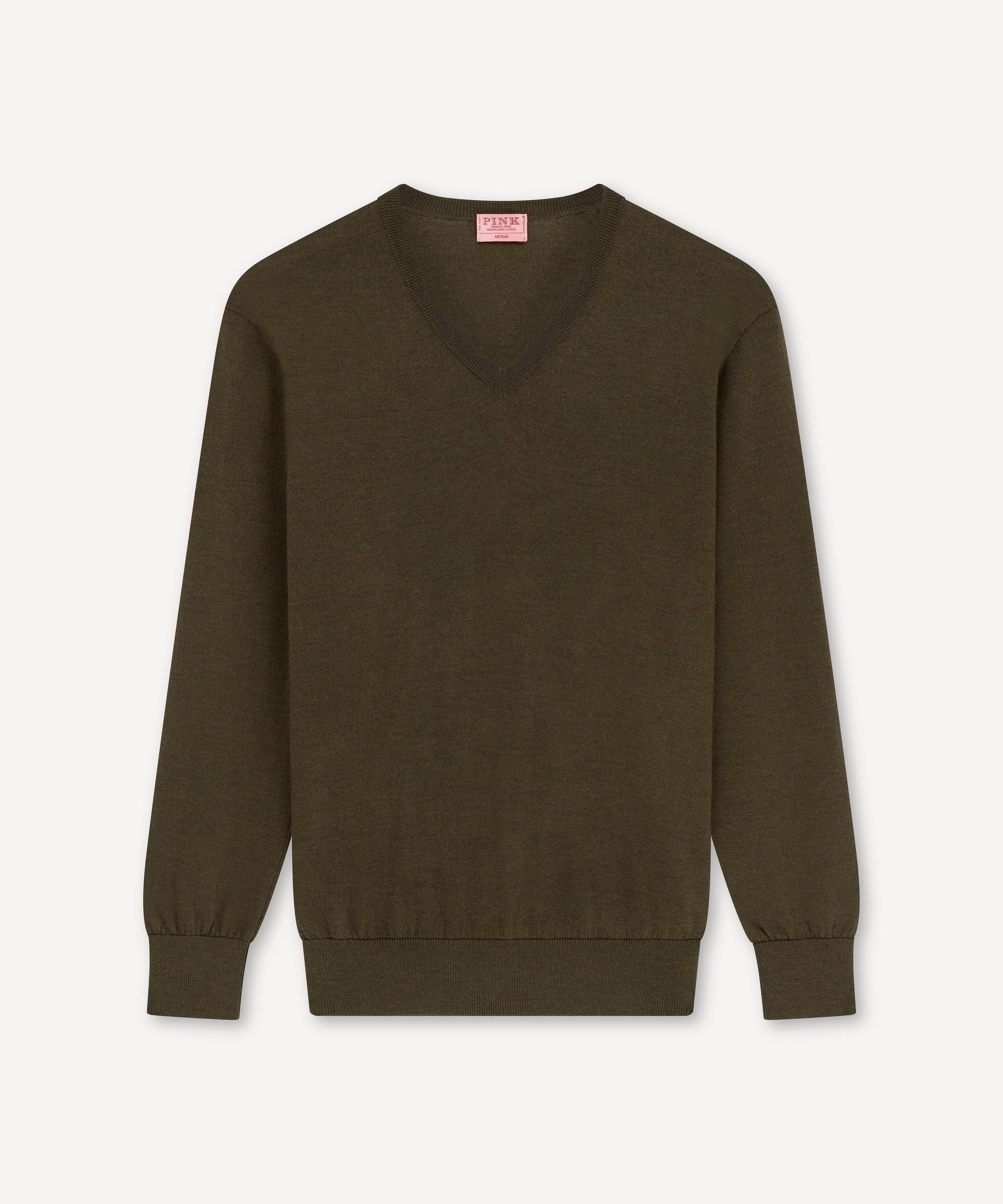 Olive Green Merino Wool V-Neck Sweater