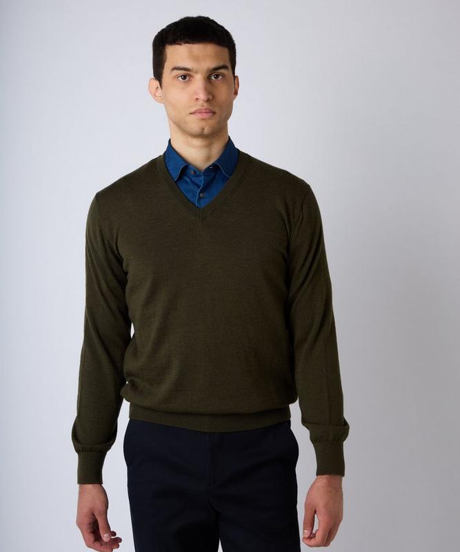 Olive Green Merino Wool V-Neck Sweater