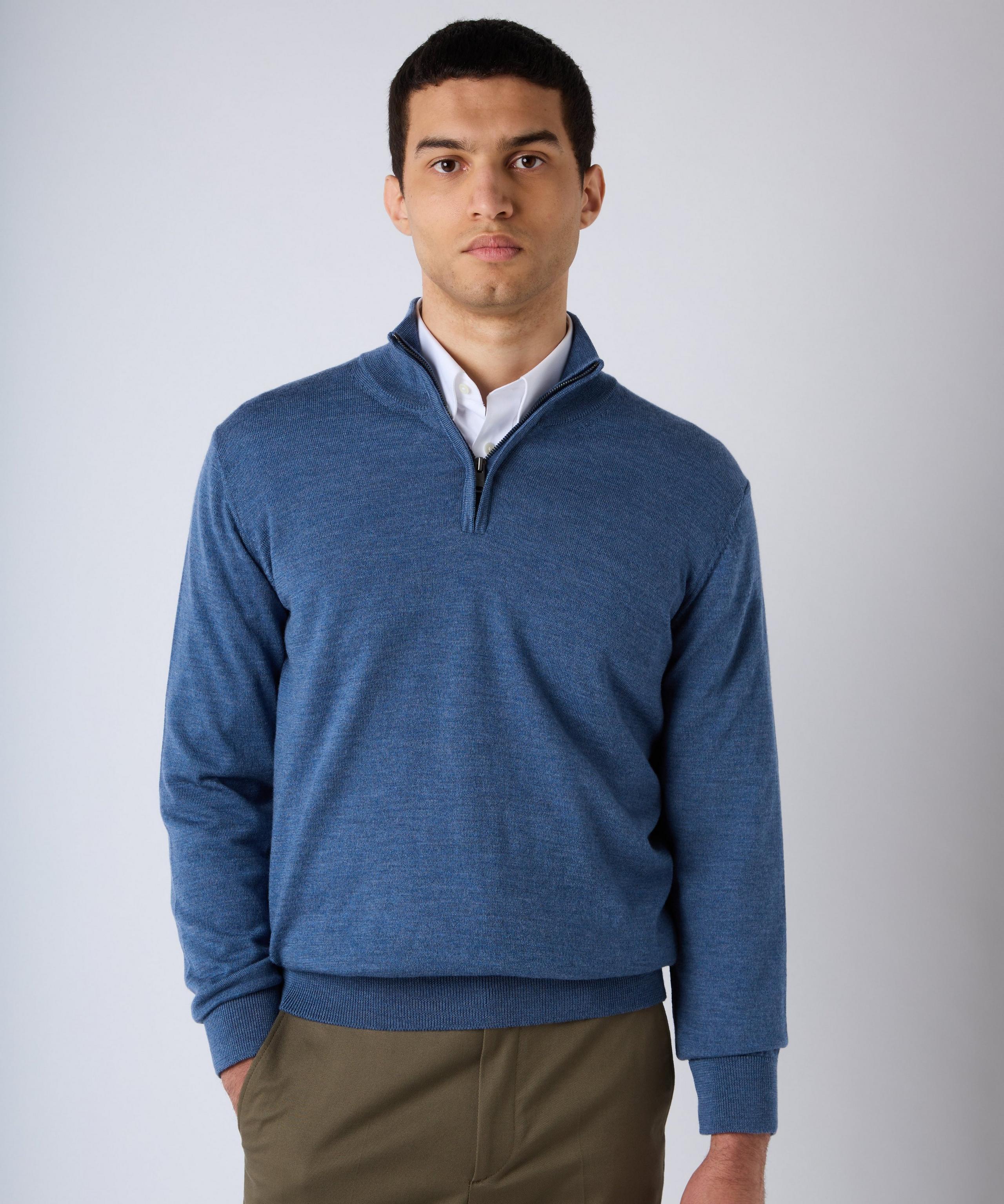 Airforce Blue Merino Wool Zip Neck Sweater