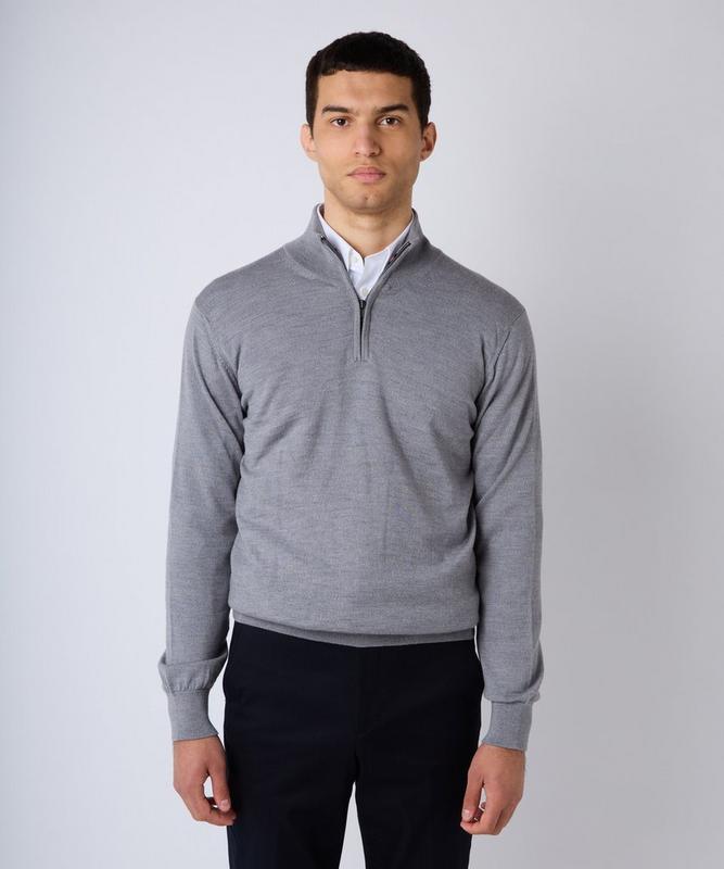 Pale Gray Merino Wool Zip Neck Sweater