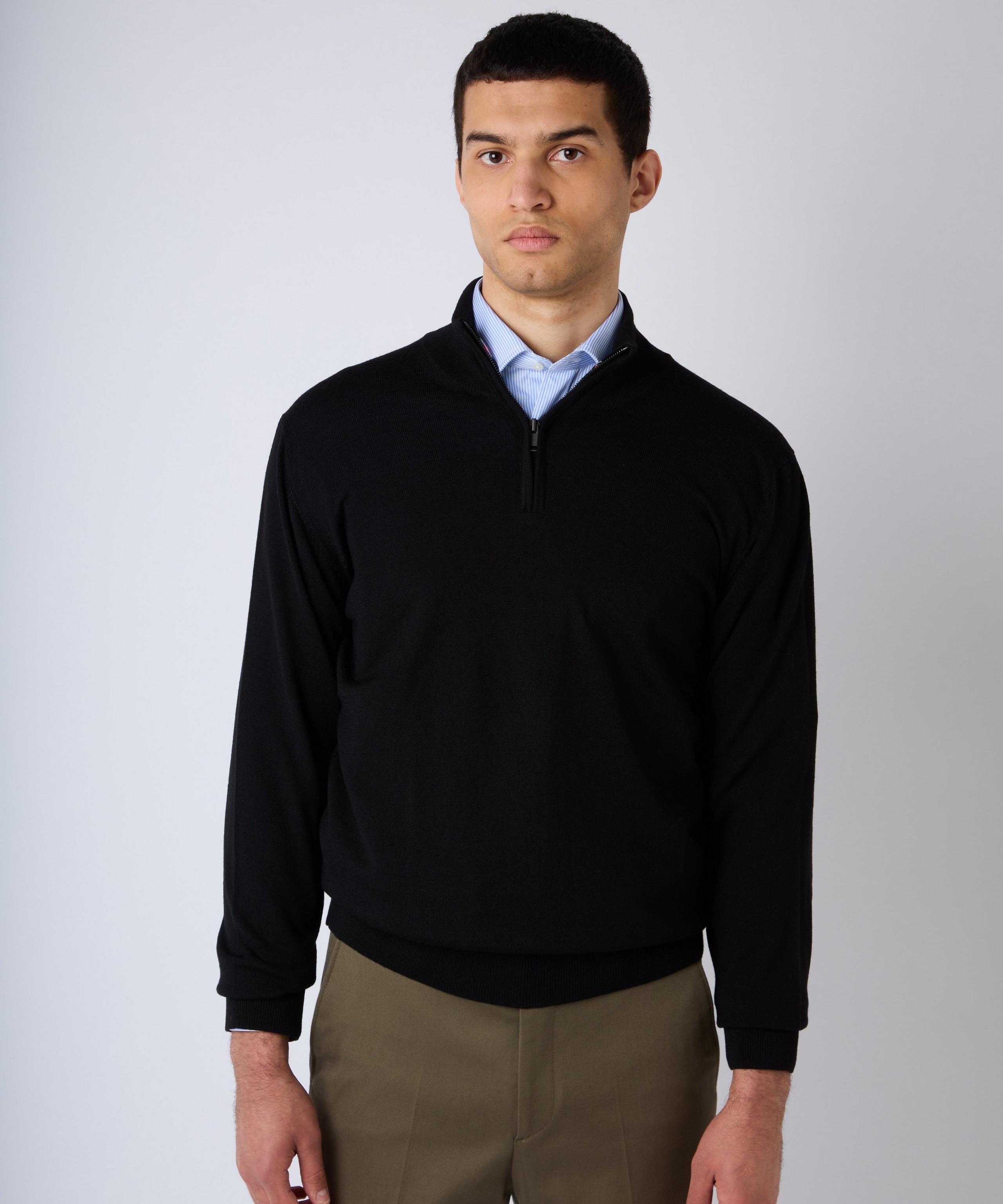 Black Merino Wool Zip Neck Sweater