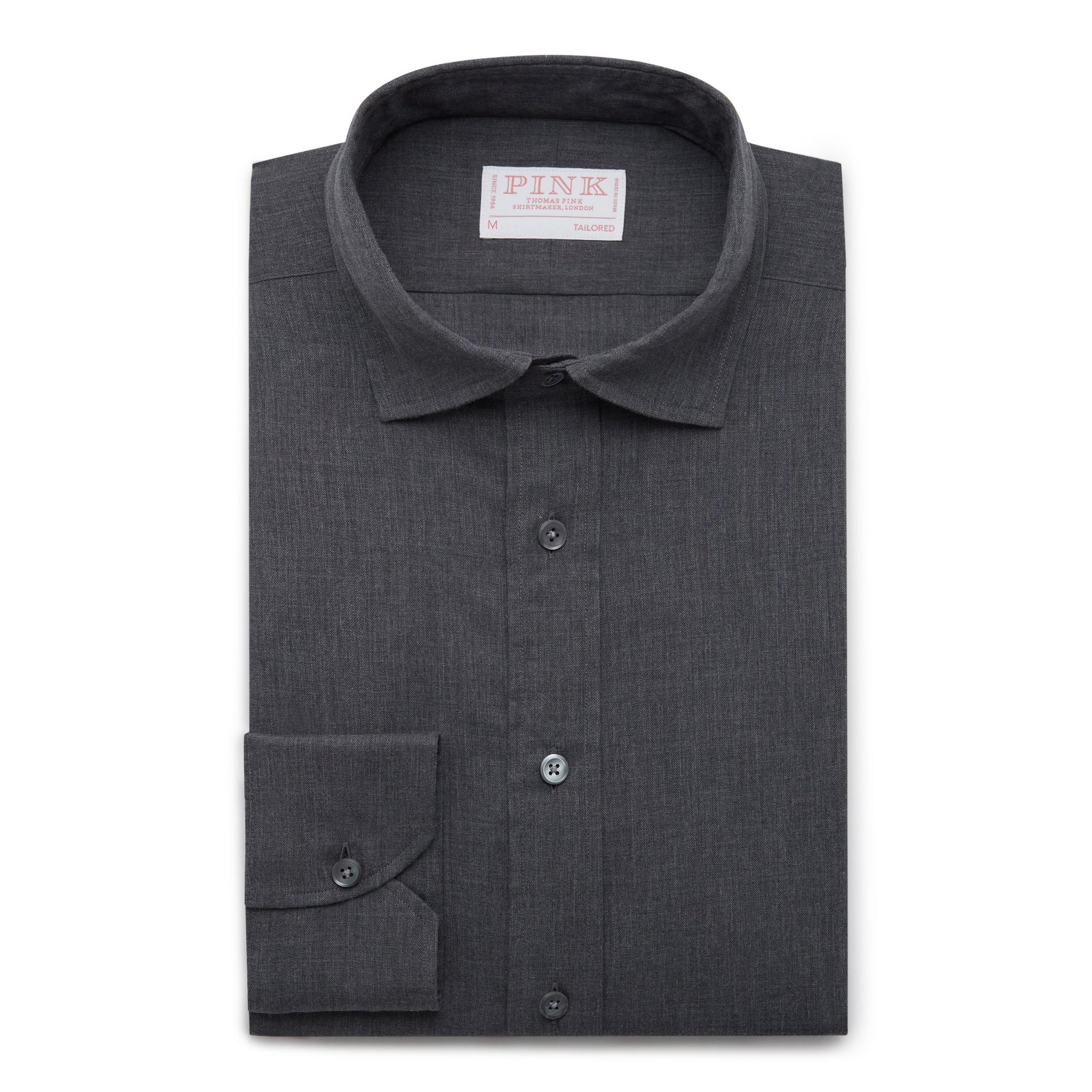 Charcoal Gray Tailored Brushed Herringbone Business Casual Shirt