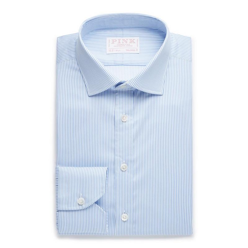 Pale Blue & White Tailored Fit Traveller Micro Stripe Twill Shirt