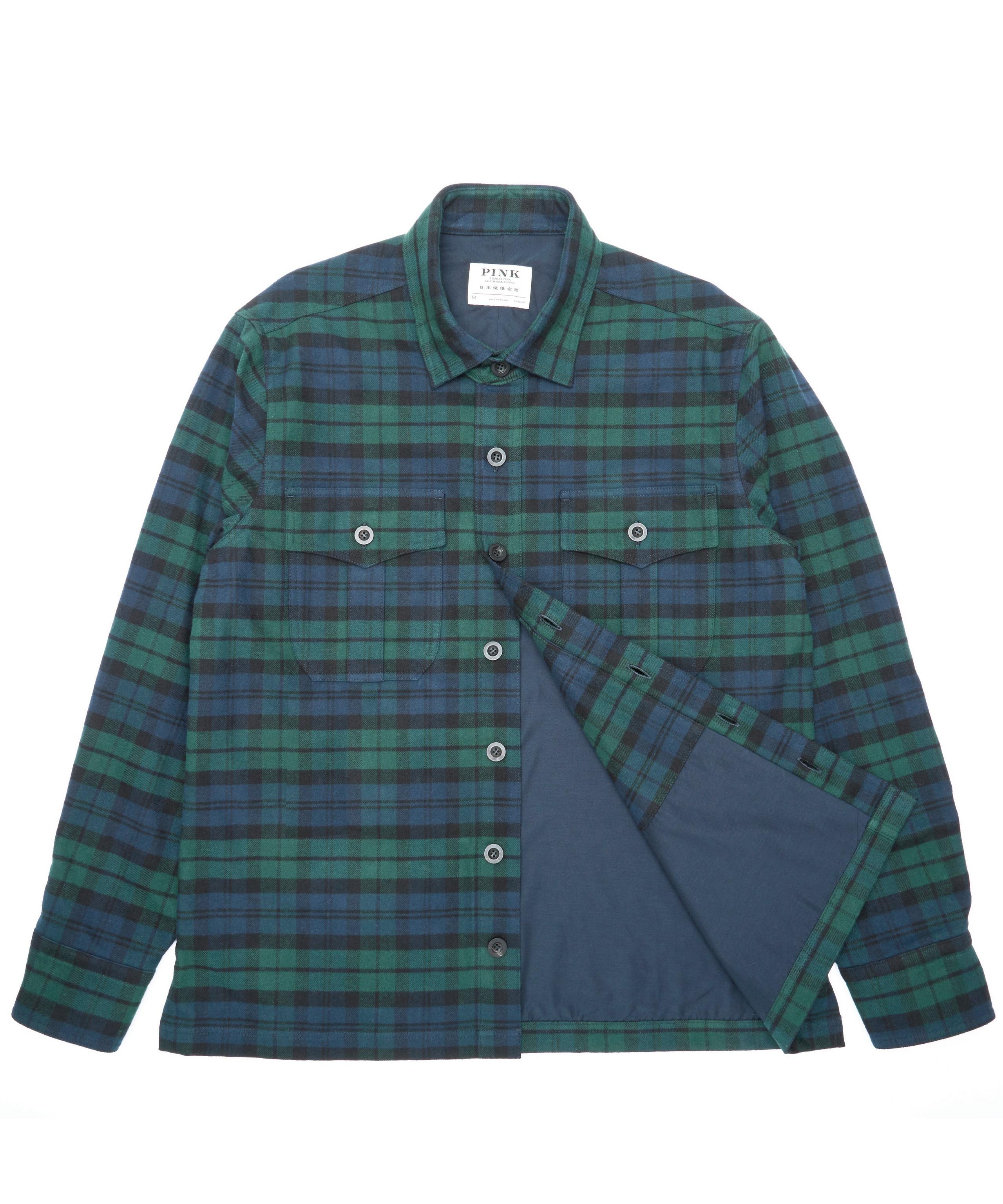 Green & Navy Cotton Twill Check Overshirt with Throat Latch