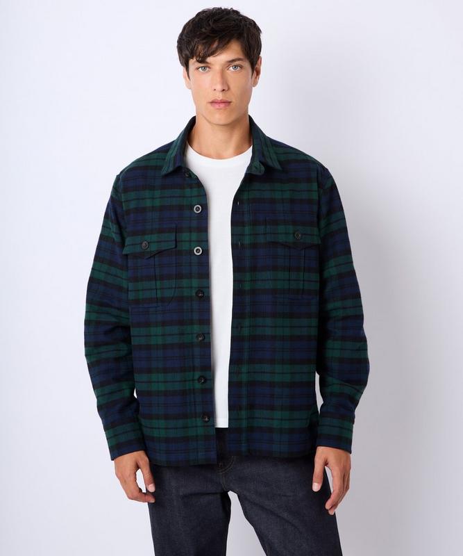 Green & Navy Cotton Twill Check Overshirt with Throat Latch