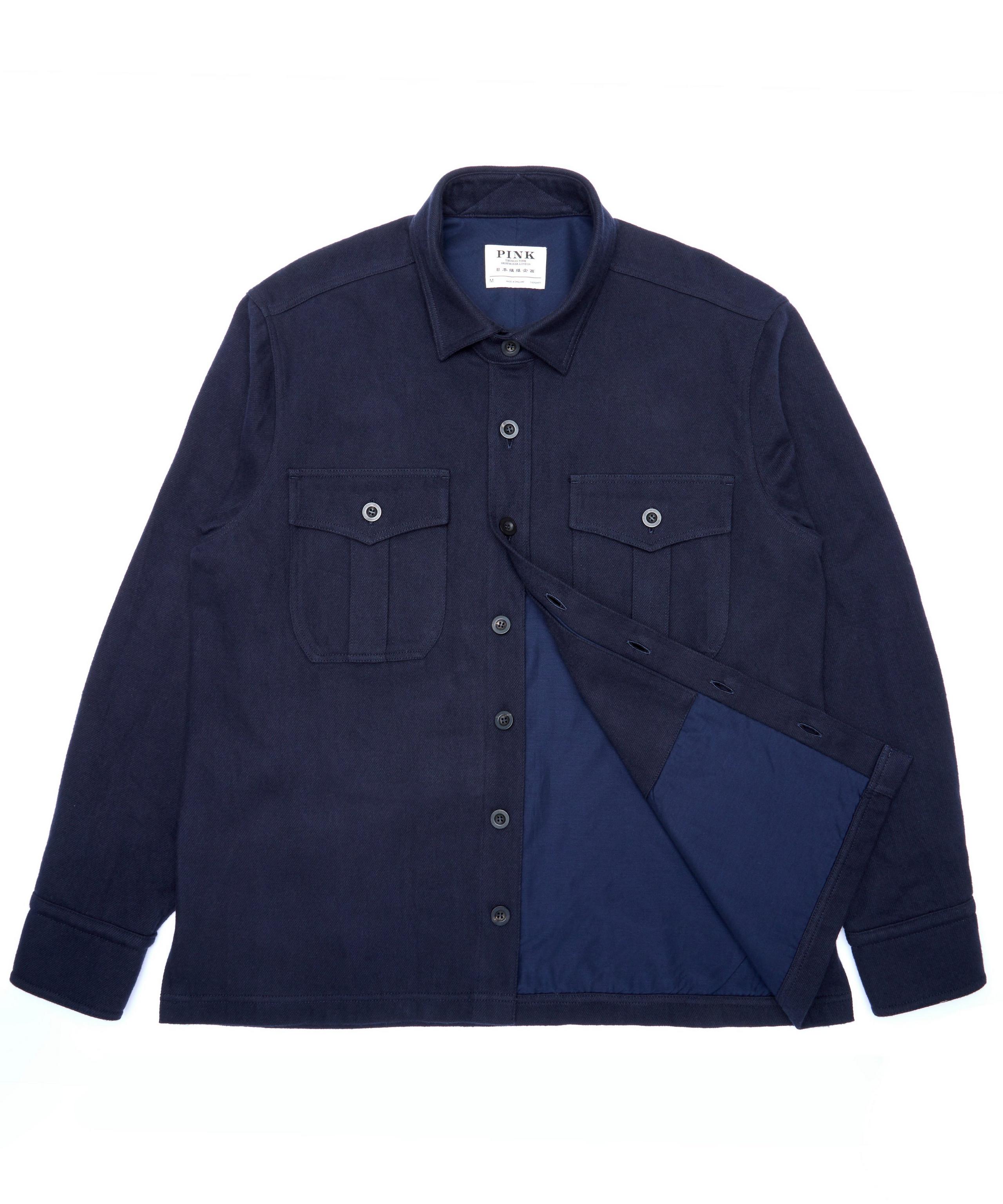 Navy Blue Cotton Twill Check Overshirt with Throat Latch