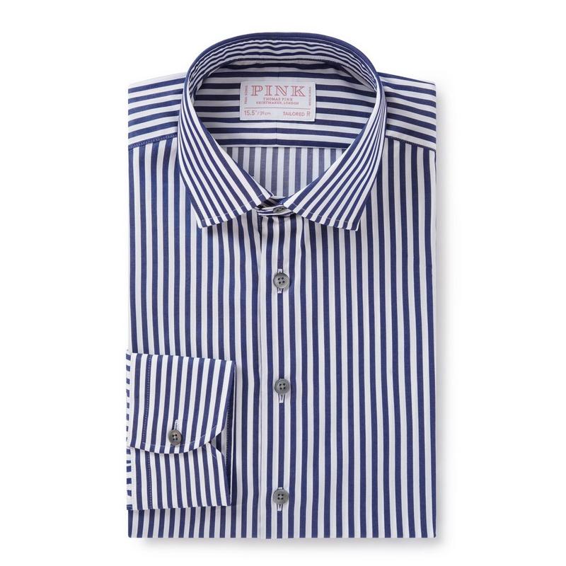 Navy Blue & White Tailored Fit Twill Bengal Stripe Dress Shirt