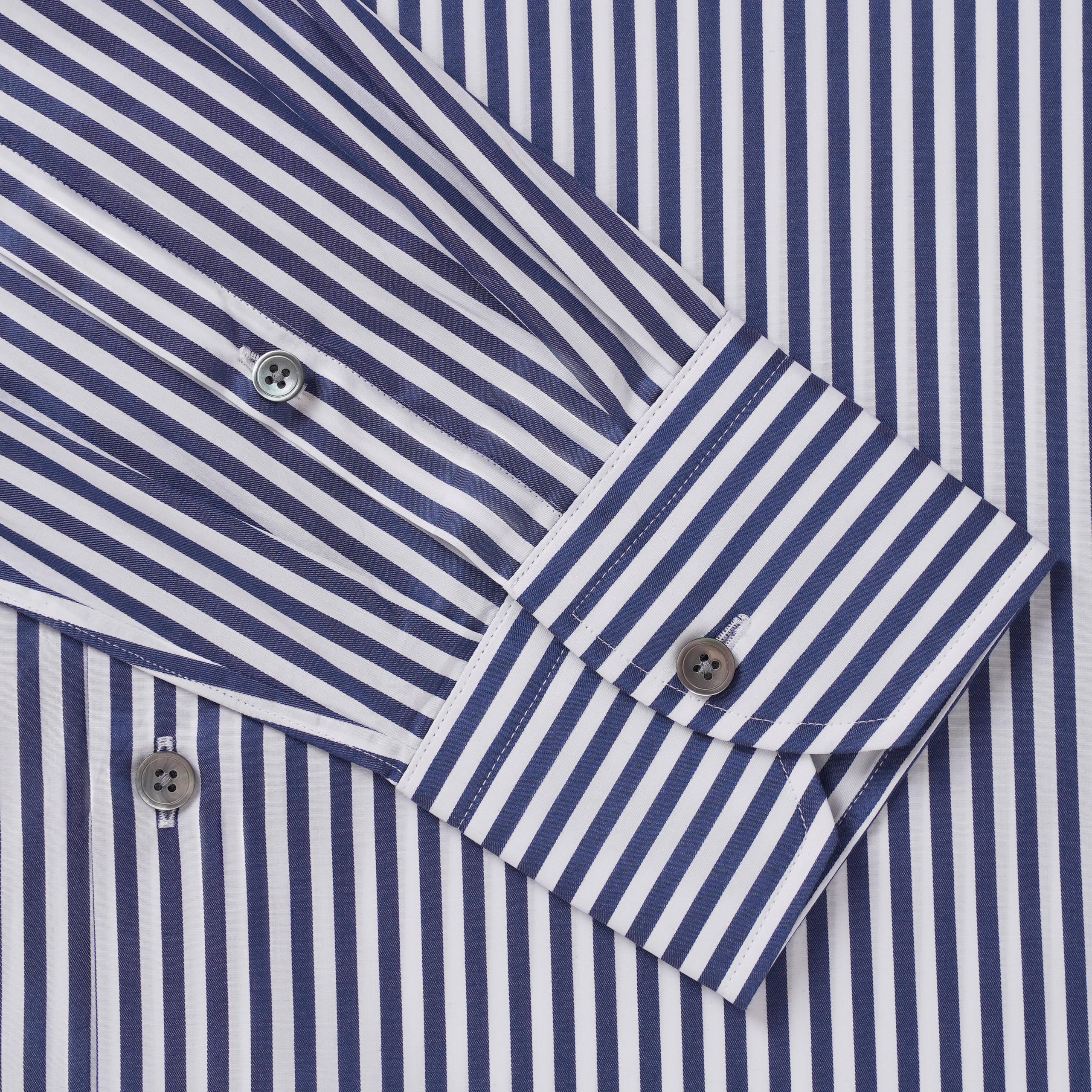 Navy Blue & White Tailored Fit Twill Bengal Stripe Dress Shirt
