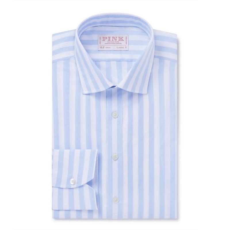 Pale Blue & White Classic Fit Awning Stripe Dress Shirt