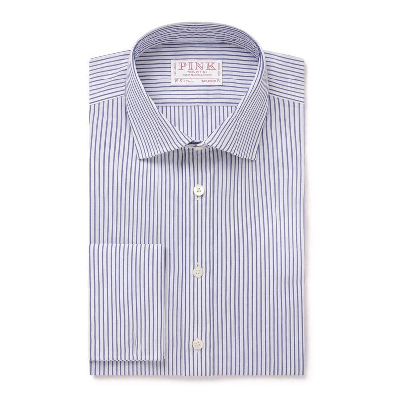 Deep Blue & White Tailored Fit Panama Medium Stripe Dress Shirt