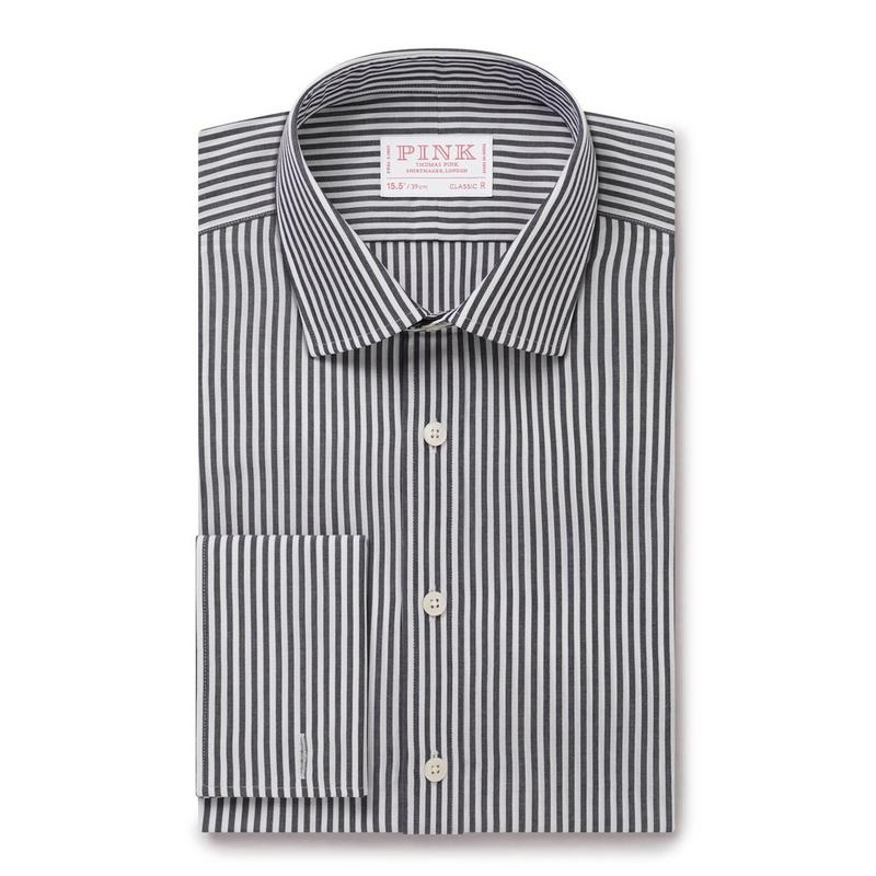 Charcoal Gray & White Classic Fit Panama Stripe Dress Shirt