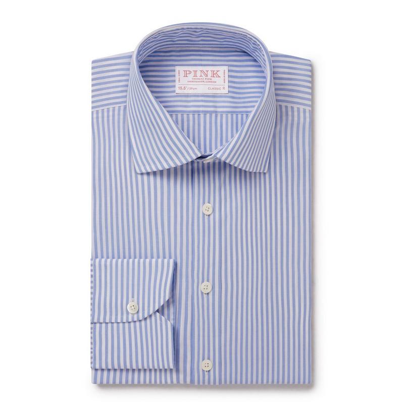 Blue & White Classic Fit Formal Panama Stripe Shirt