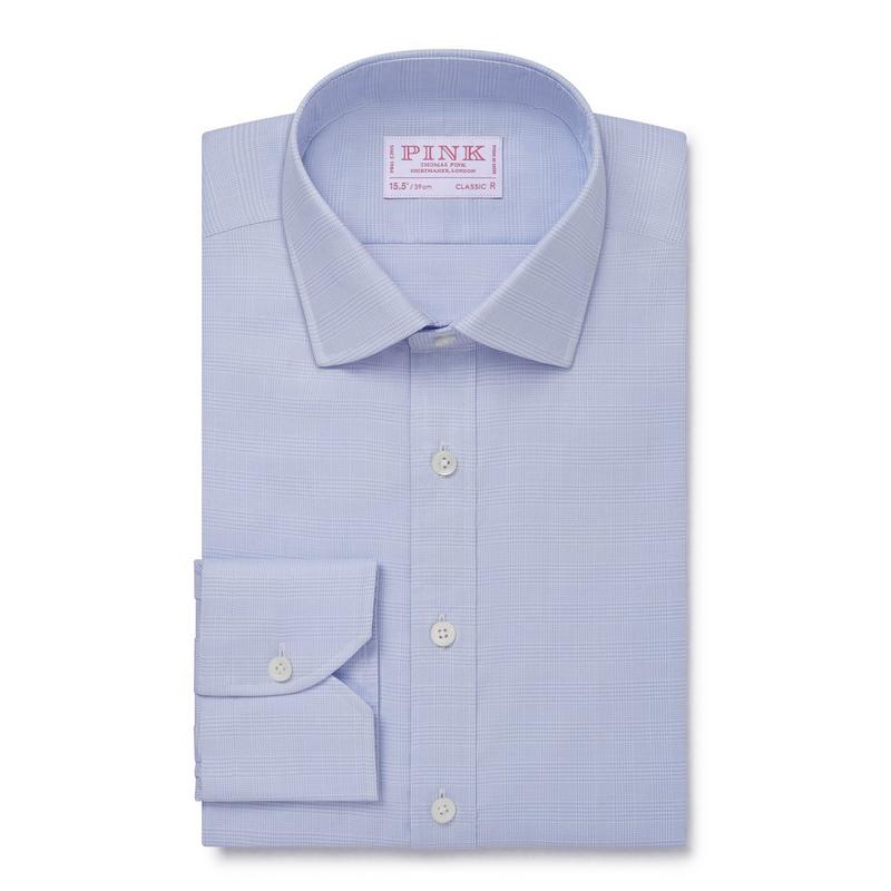 Pale Blue & White Classic Fit Formal Prince of Wales Check Shirt