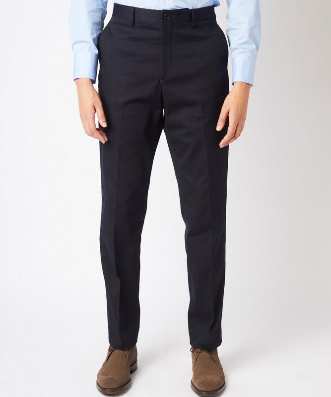 Navy Blue Classic Fit Twill Flat Front Trousers