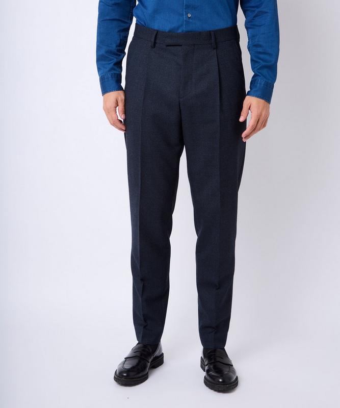 Navy Blue Tailored Fit Houndstooth Wool Pleated Pants