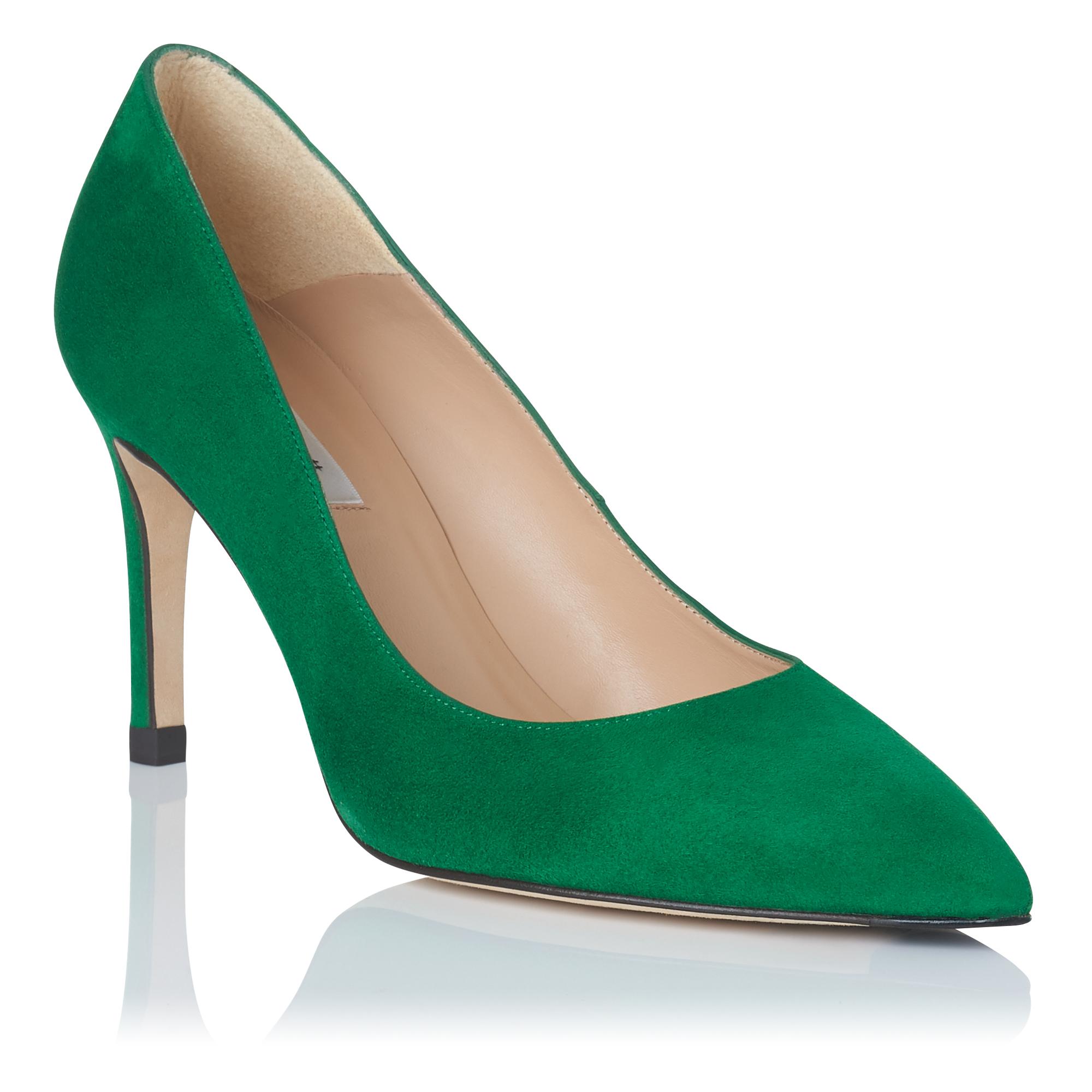 green suede court shoes