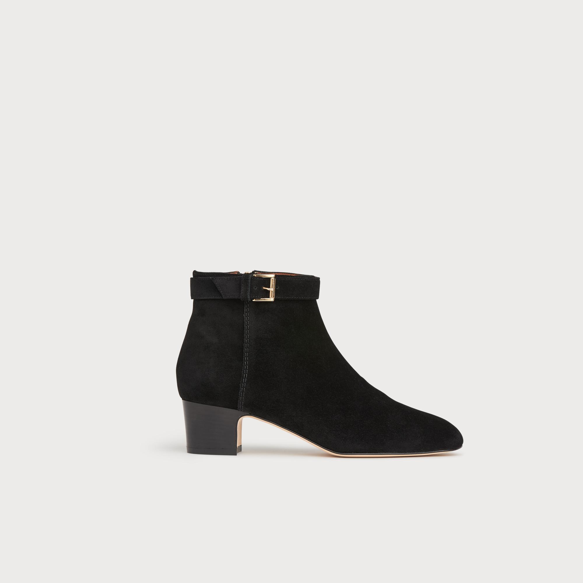 black suede buckle ankle boots