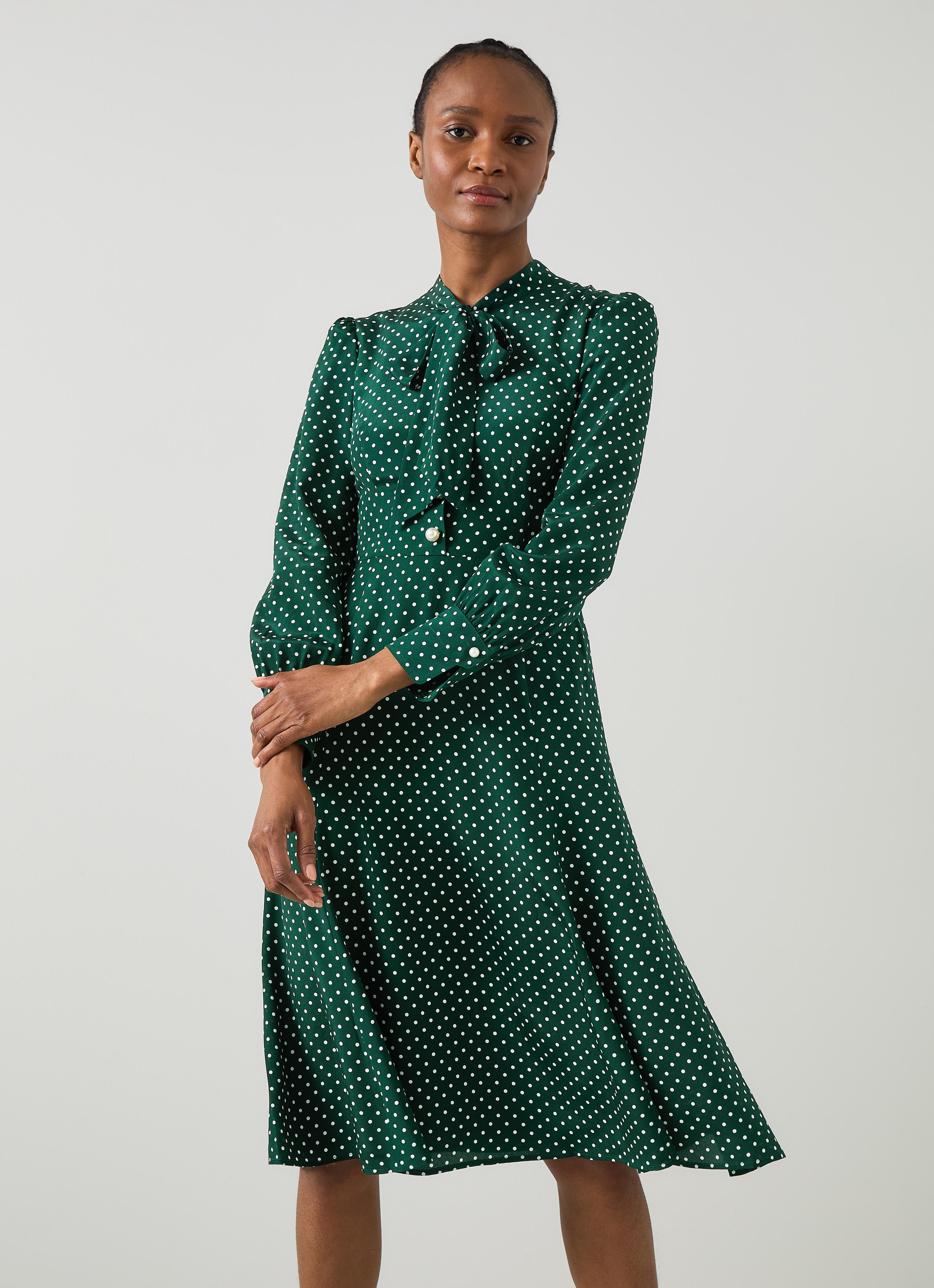 L.K.Bennett Mortimer Green & Cream Polka Dot Silk Dress, Green