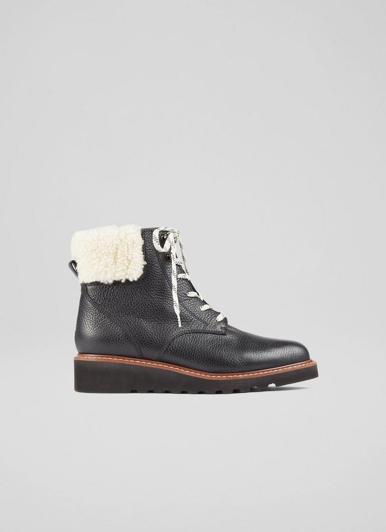 Evangeline Black Leather and Shearling Lace Up Wedge Boots The Archive Sale L.K.Bennett London