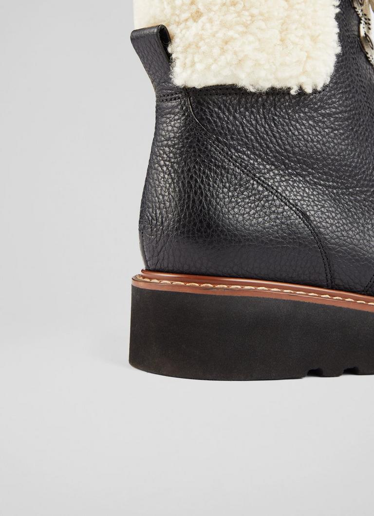 Evangeline Black Leather and Shearling Lace Up Wedge Boots The