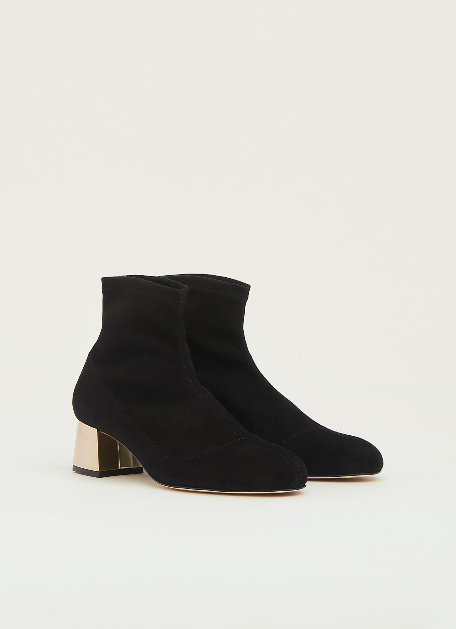 black suede boots with gold heel