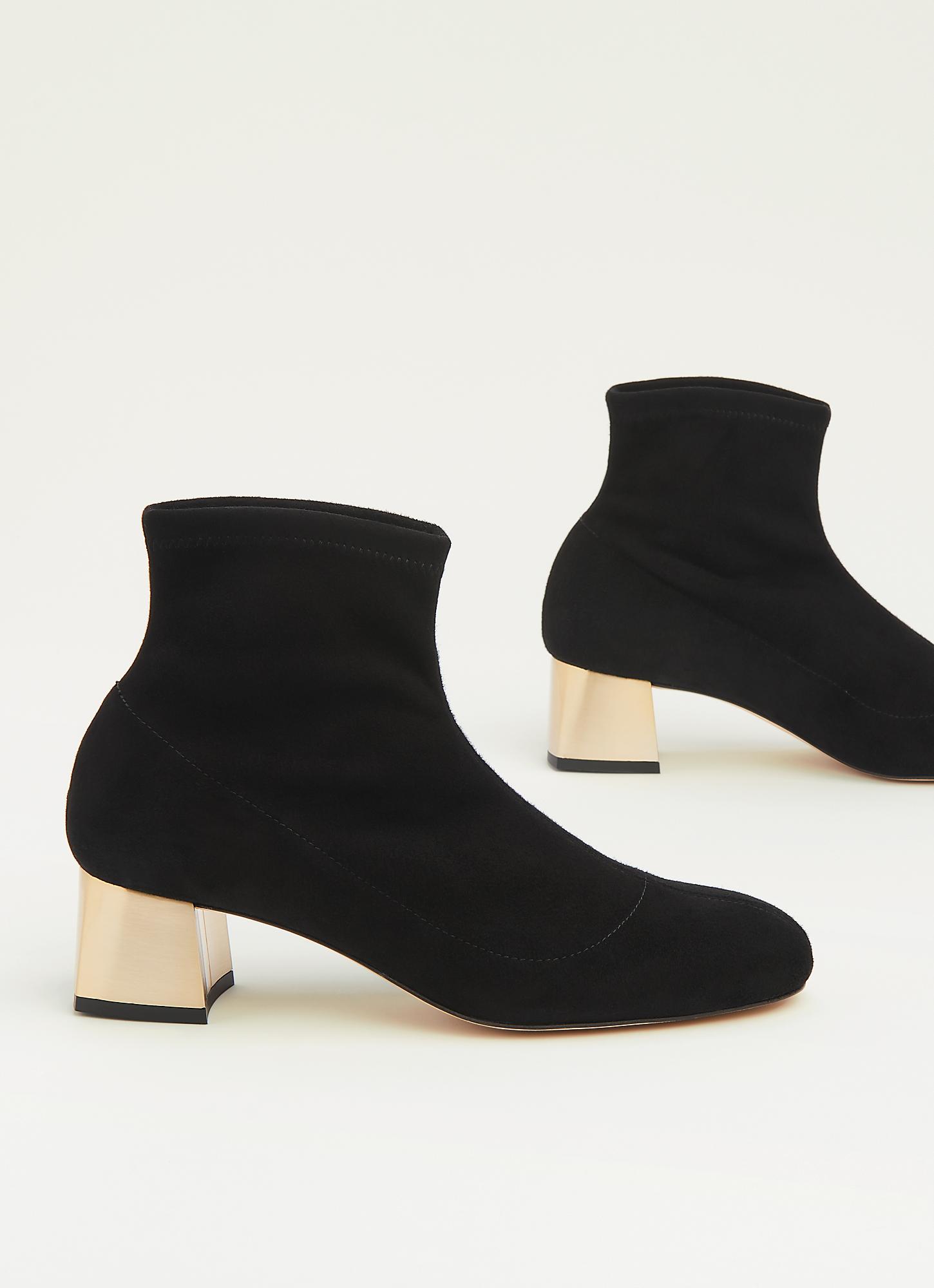 black suede boots with gold heel