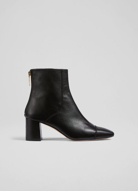 L.K.Bennett Maxine Black Leather Stitch-Detail Ankle Boots, Black