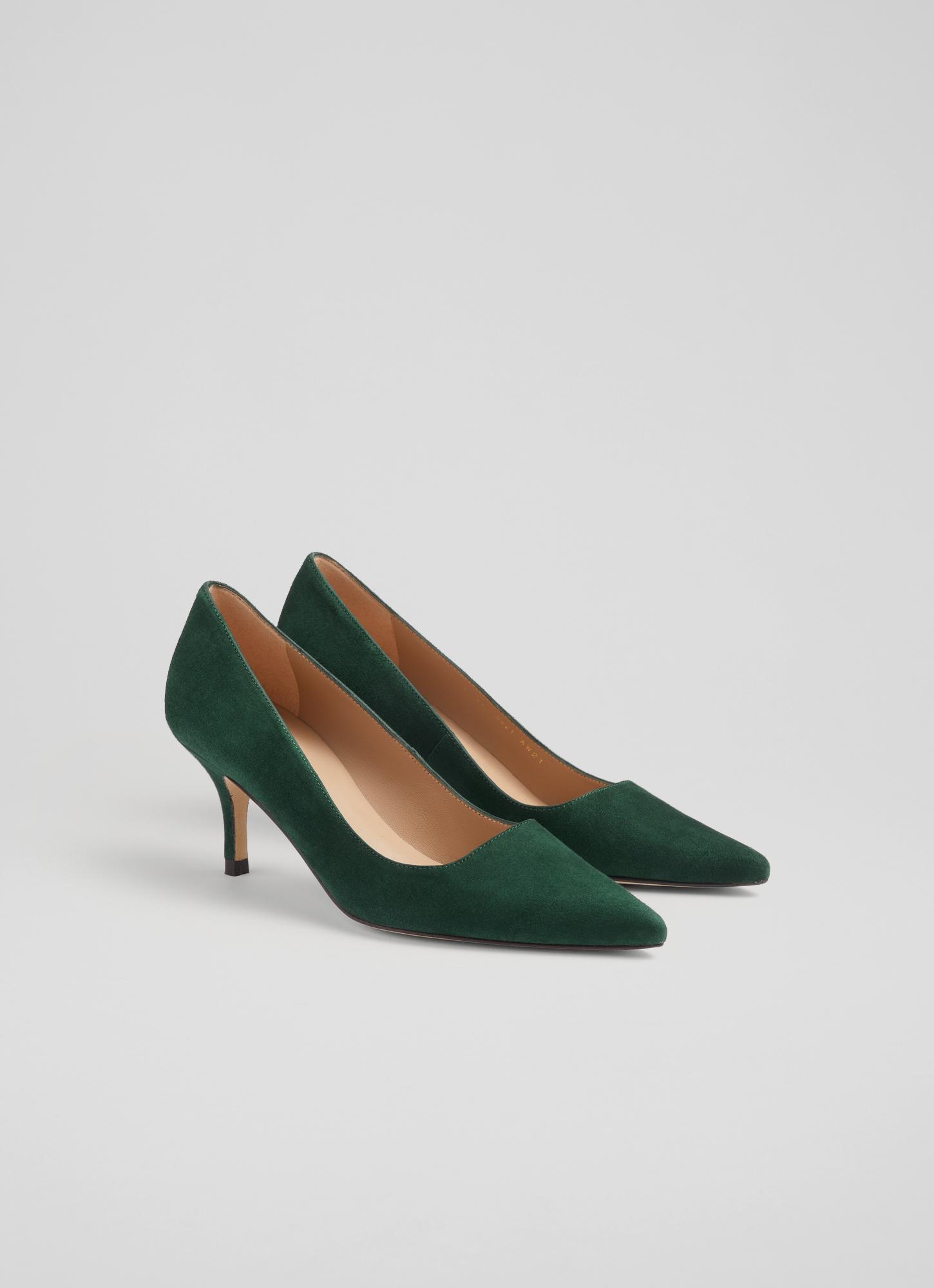 green suede court shoes