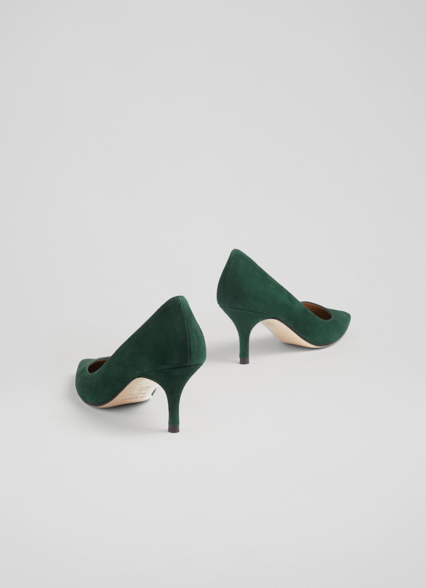 green suede court shoes